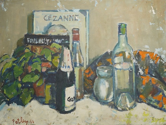 Llewellyn Petley-Jones (1908-1986), oil on unstretched canvas, Still life of vessels and books, signed and dated '66, 46 x 61cm